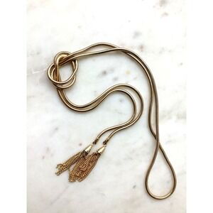 Vintage Lariat Necklace Gold Tone Chain With Tassel Fringe MCM Style 44"